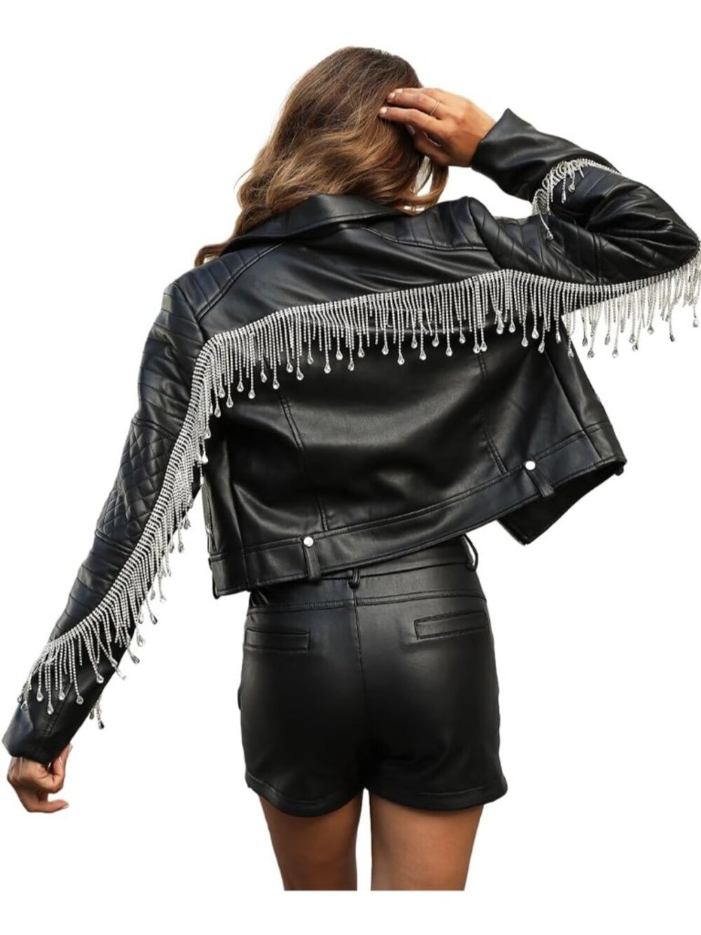 Women’s  Faux Leather Bomber Lightweight Jacket, Moto Biker Coat- Black Fringe